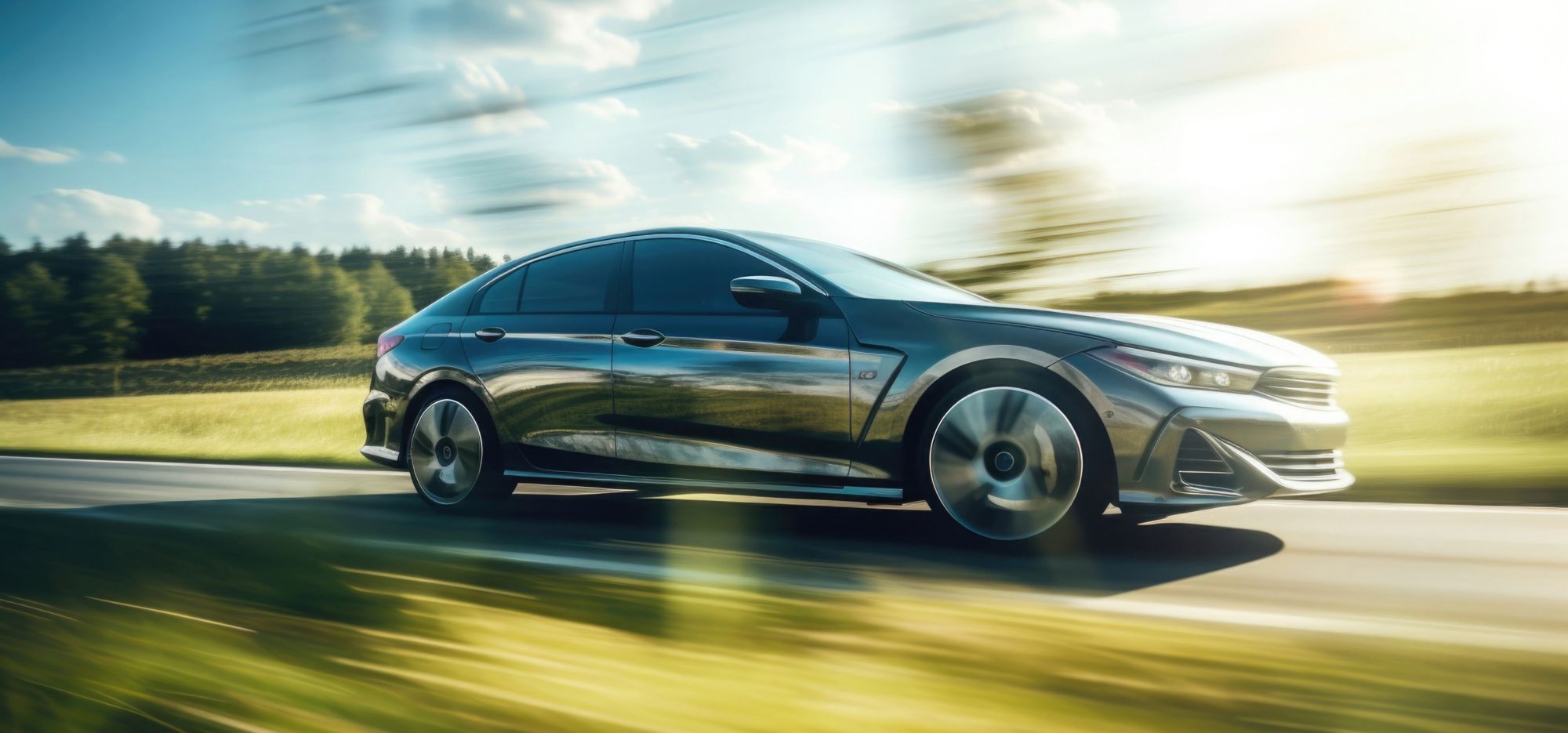 Sedan driving on a sunlit road 